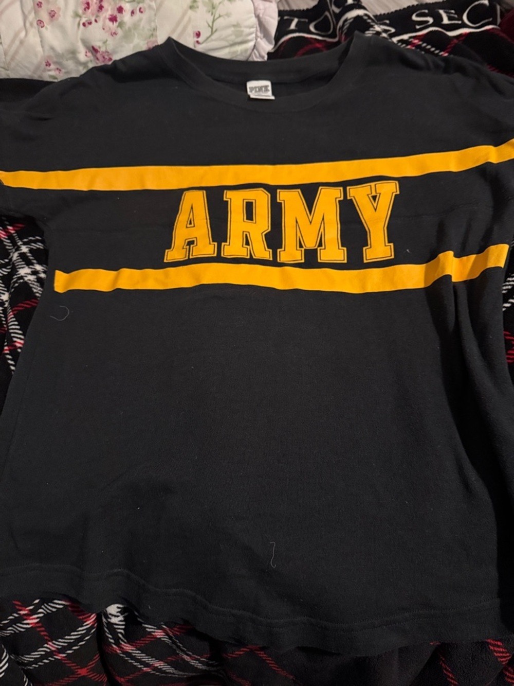NWT PINK Victoria's Secret Black Long Sleeve Tee with Gold/Yellow 'ARMY' Stripe